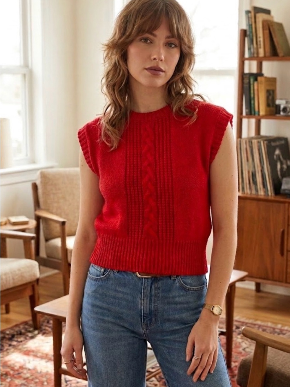Vintage Red Cable-Knit Sleeveless Sweater Vest Size M